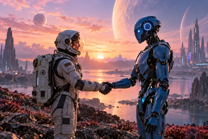 An astronaut meeting a blue humanoid robot against a pastel science-fiction horizon.