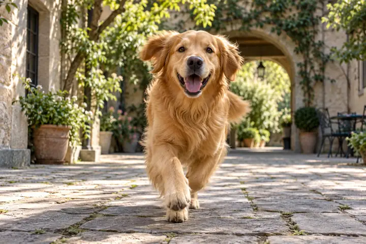 A happy golden dog running straight toward the camera across a quiet courtyard.
