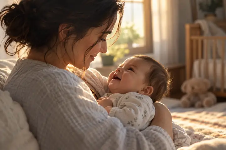 A mother cradling her baby in a softly lit room, intimate documentary framing.