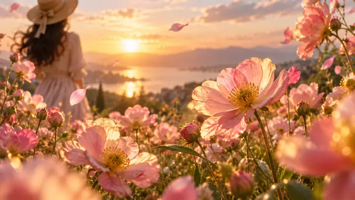 Soft-focus pink and gold flowers moving in a gentle breeze, close-up cinematic framing.