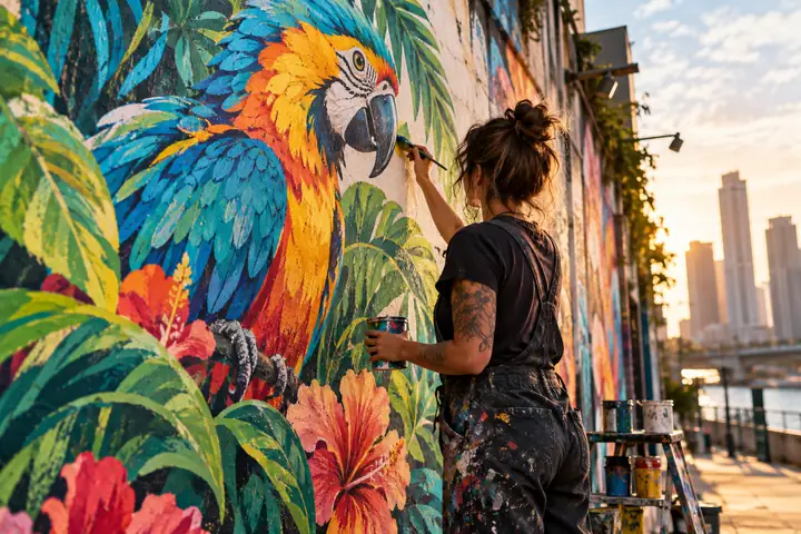 An artist painting a bright tropical bird mural on a city wall, seen from the side.