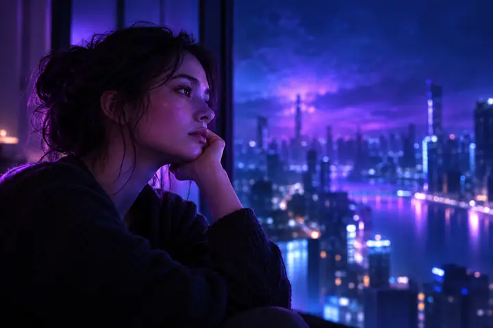 A thoughtful cinematic portrait illuminated by vivid violet and blue light.
