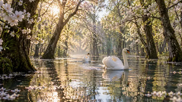 White swans gliding through a flooded woodland beneath delicate spring trees.